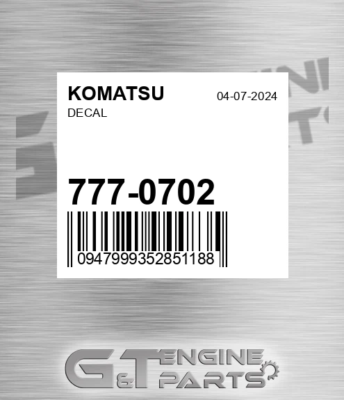 777-0702 Decal for KOMATSU