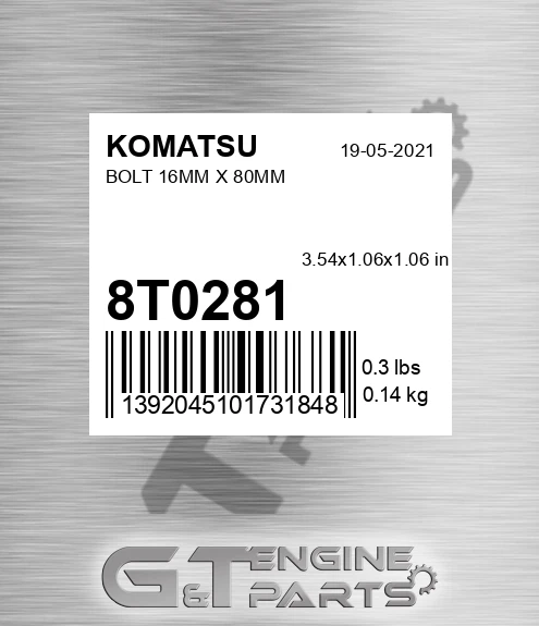 8T0281 KOMATSU Bolt 16mm X 80mm