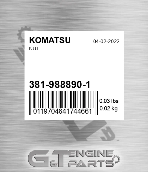 381-988890-1 Nut for KOMATSU