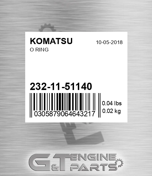 232-11-51140 O Ring for KOMATSU