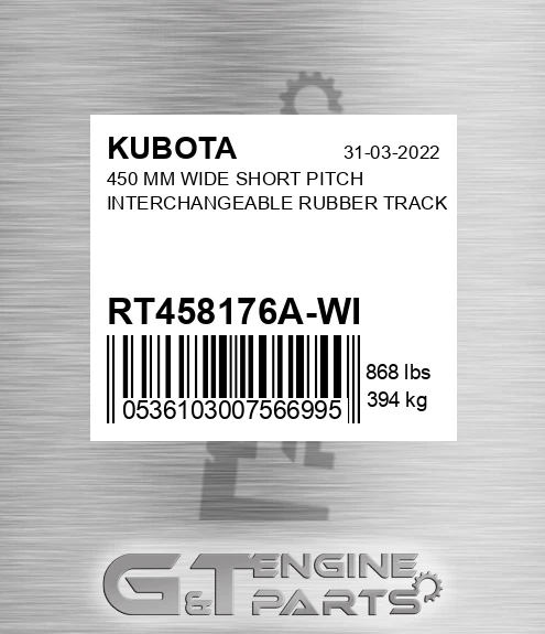 RT458176A-WI KUBOTA 450 Mm Wide Short Pitch Interchangeable Rubber Track