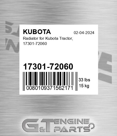 17301-72060 Radiator For Tractor, for KUBOTA