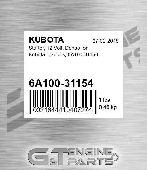6A100-31154 Starter, 12 Volt, Denso For Tractors, 6a100-31150 for KUBOTA