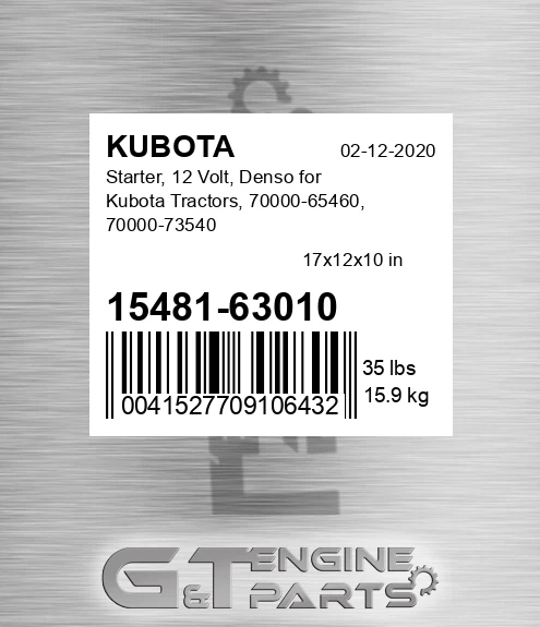 15481-63010 Starter, 12 Volt, Denso For Tractors, 70000-65460, 70000-73540 for KUBOTA