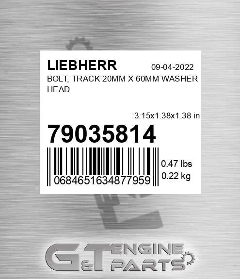 79035814 LIEBHERR Bolt, Track 20mm X 60mm Washer Head
