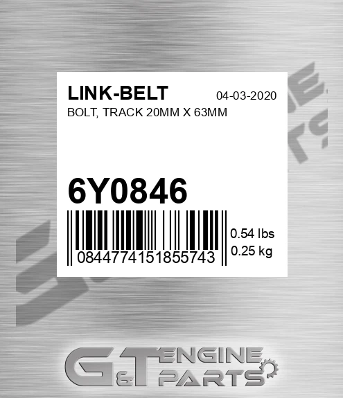 6Y0846 Bolt, Track 20mm X 63mm