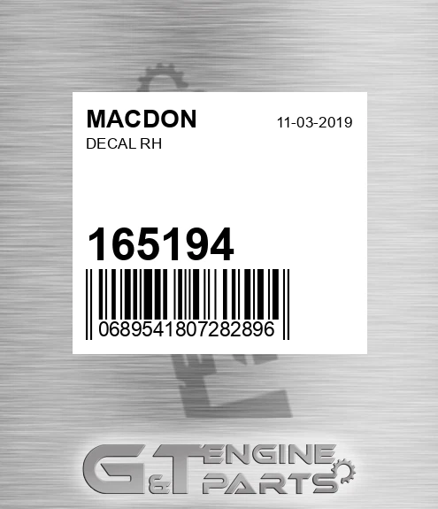 165194 MACDON Decal Rh