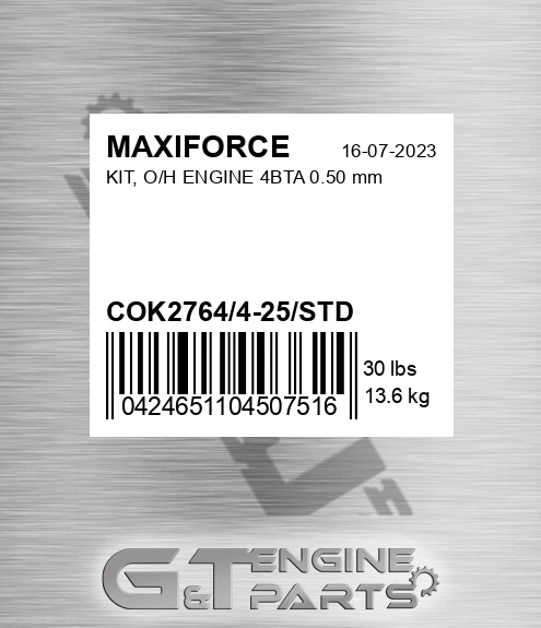 COK2764/4-25/STD Kit, O/h Engine 4bta 0.50 Mm for MAXIFORCE