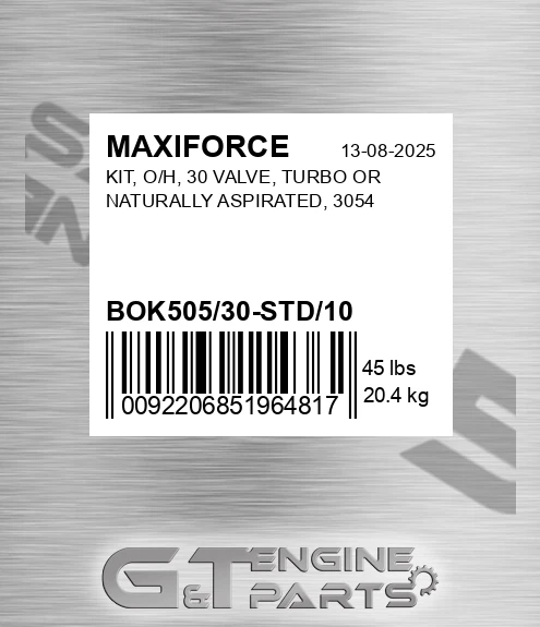 BOK505/30-STD/10 Kit, O/h, 30 Valve, Turbo Or Naturally Aspirated, 3054 for MAXIFORCE
