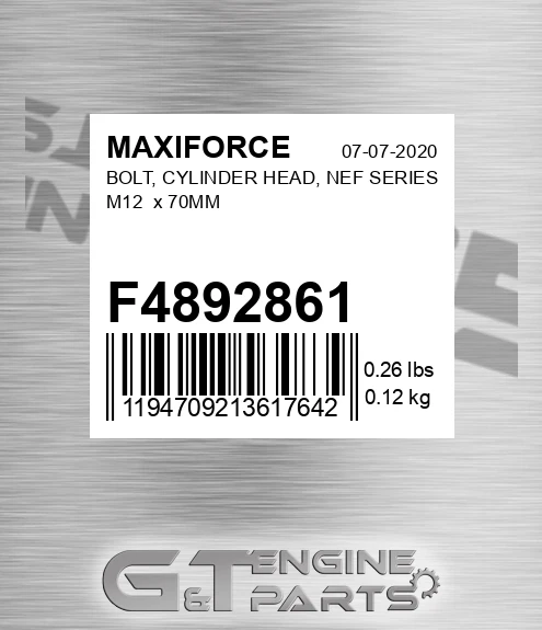 F4892861 Bolt, Cylinder Head, Nef Series M12 X 70mm for MAXIFORCE