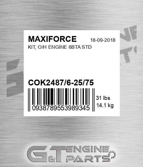 COK2487/6-25/75 Kit, O/h Engine 6bta Std for MAXIFORCE