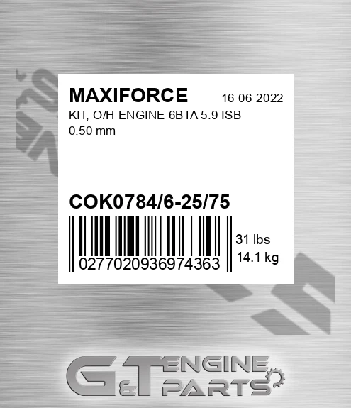 COK0784/6-25/75 Kit, O/h Engine 6bta 5.9 Isb 0.50 Mm for MAXIFORCE