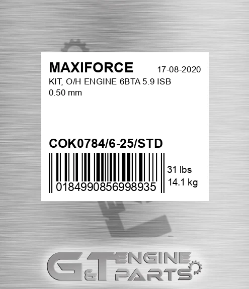 COK0784/6-25/STD Kit, O/h Engine 6bta 5.9 Isb 0.50 Mm for MAXIFORCE
