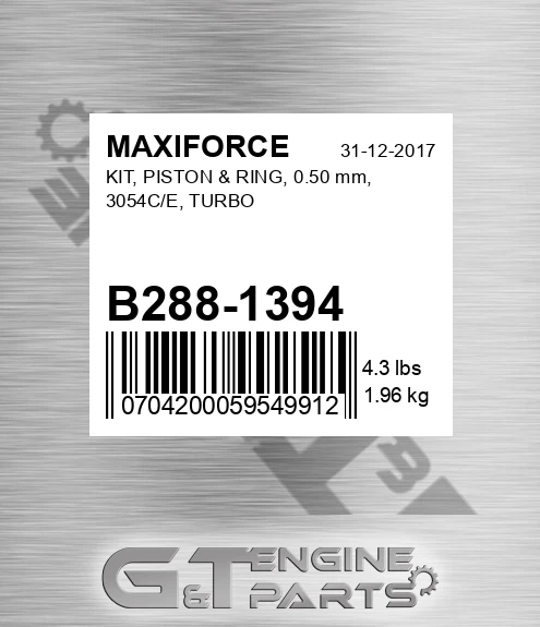 B288-1394 Kit, Piston & Ring, 0.50 Mm, 3054c/e, Turbo for MAXIFORCE
