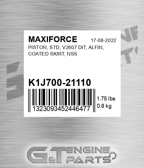 K1J700-21110 Piston, Std, V2607 Dit, Alfin, Coated Skirt, Nss for MAXIFORCE