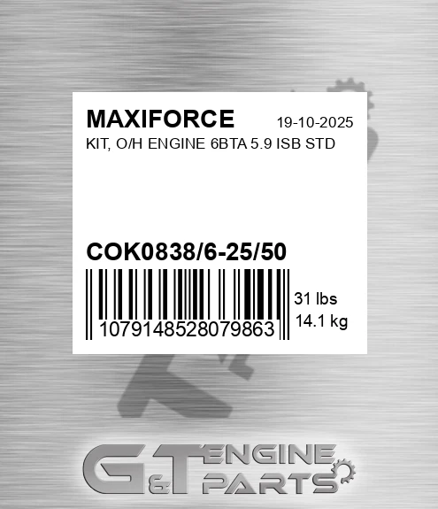 COK0838/6-25/50 Kit, O/h Engine 6bta 5.9 Isb Std for MAXIFORCE
