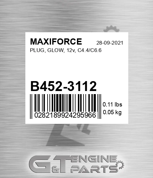 B452-3112 Plug, Glow, 12v, C4.4/c6.6 for MAXIFORCE