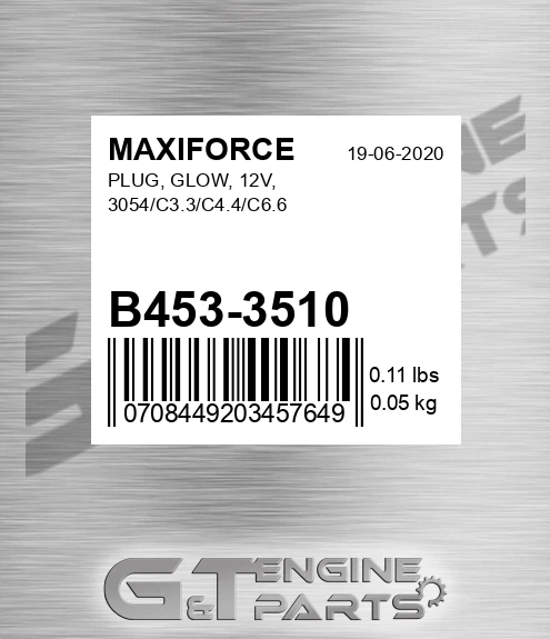 B453-3510 Plug, Glow, 12v, 3054/c3.3/c4.4/c6.6 for MAXIFORCE