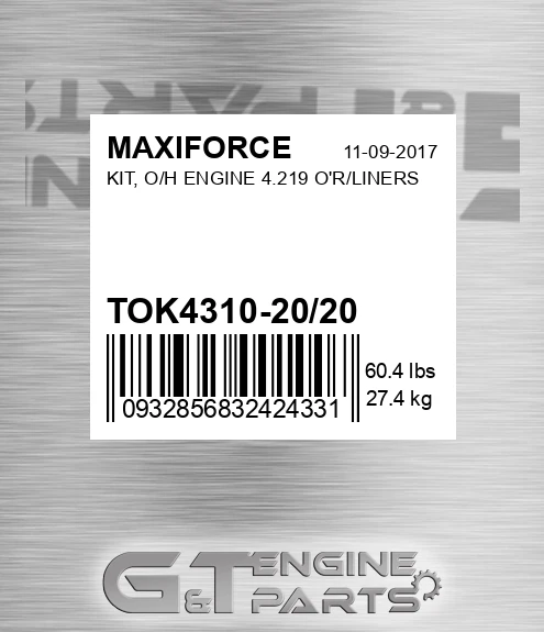 TOK4310-20/20 Kit, O/h Engine 4.219 O'r/liners for MAXIFORCE