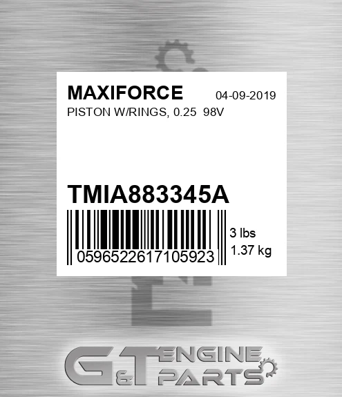 TMIA883345A Piston W/rings, 0.25 98v for MAXIFORCE