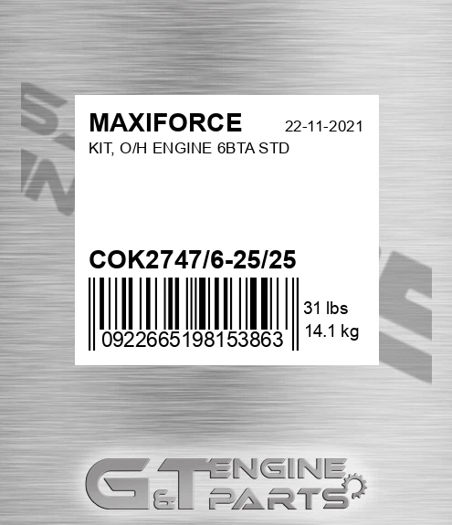 COK2747/6-25/25 Kit, O/h Engine 6bta Std for MAXIFORCE