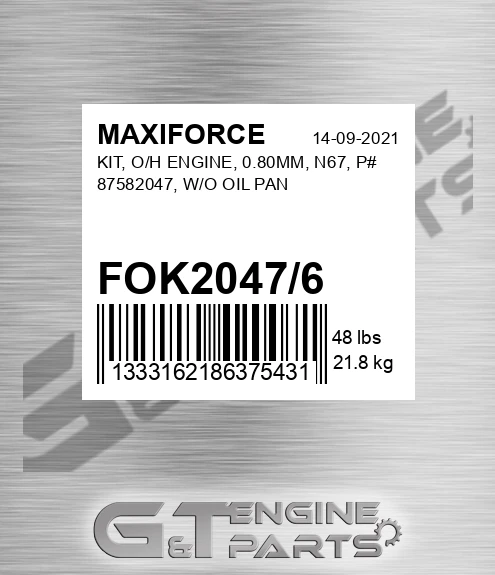 FOK2047/6 Kit, O/h Engine, 0.80mm, N67, P# 87582047, W/o Oil Pan for MAXIFORCE