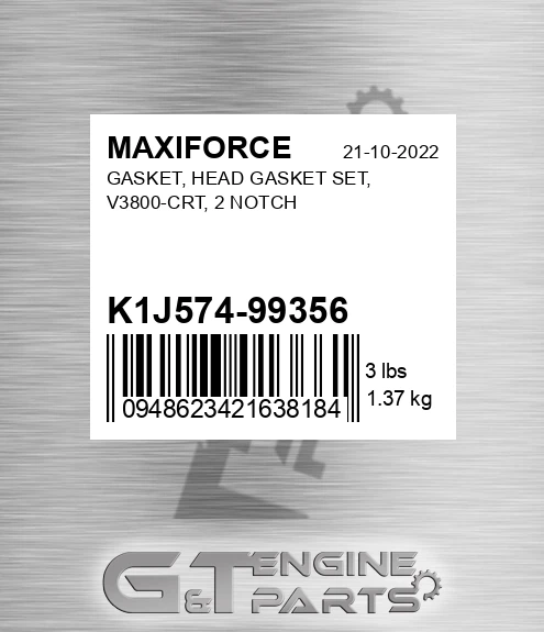 K1J574-99356 Gasket, Head Gasket Set, V3800-crt, 2 Notch for MAXIFORCE