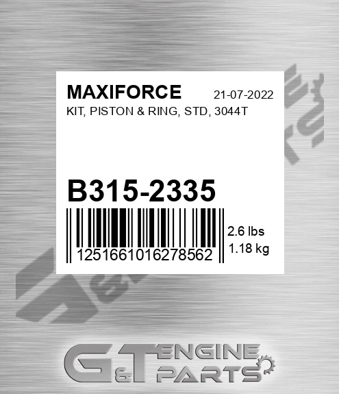 B315-2335 Kit, Piston & Ring, Std, 3044t for MAXIFORCE