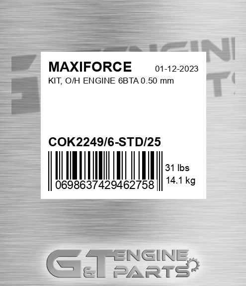 COK2249/6-STD/25 Kit, O/h Engine 6bta 0.50 Mm for MAXIFORCE
