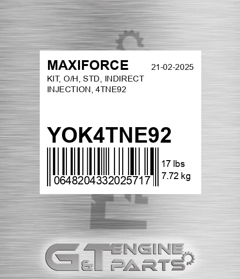 YOK4TNE92 Kit, O/h, Std, Indirect Injection, 4tne92 for MAXIFORCE