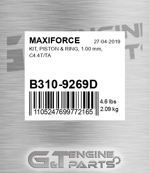 B310-9269D Kit, Piston & Ring, 1.00 Mm, C4.4t/ta for MAXIFORCE
