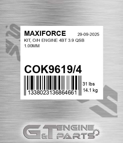COK9619/4 Kit, O/h Engine 4bt 3.9 Qsb 1.00mm for MAXIFORCE