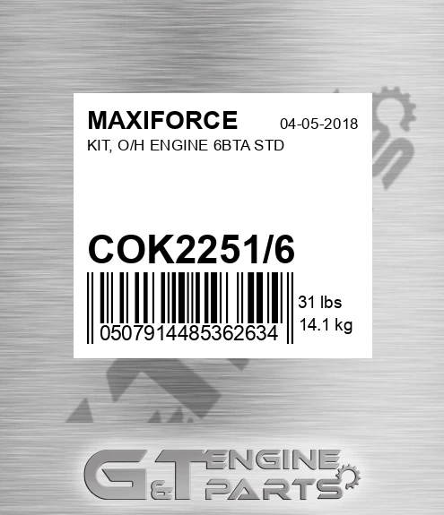 COK2251/6 Kit, O/h Engine 6bta Std for MAXIFORCE