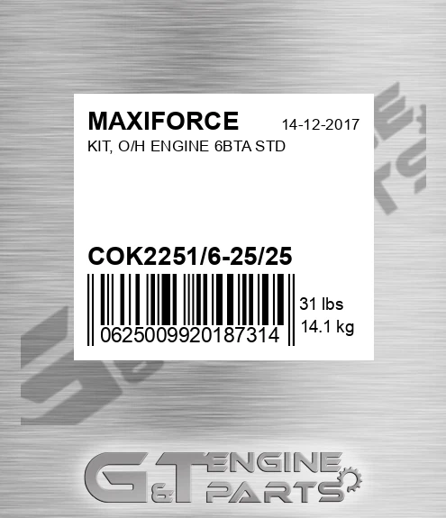 COK2251/6-25/25 Kit, O/h Engine 6bta Std for MAXIFORCE