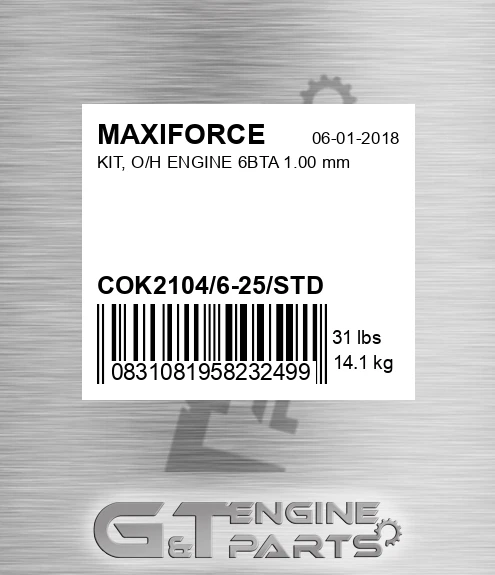 COK2104/6-25/STD Kit, O/h Engine 6bta 1.00 Mm for MAXIFORCE