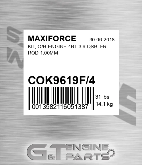 COK9619F/4 Kit, O/h Engine 4bt 3.9 Qsb Fr. Rod 1.00mm for MAXIFORCE