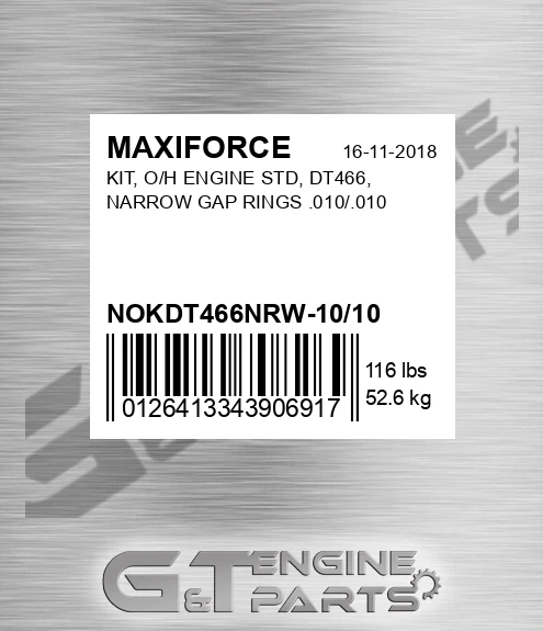 NOKDT466NRW-10/10 Kit, O/h Engine Std, Dt466, Narrow Gap Rings .010/.010 for MAXIFORCE