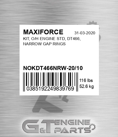 NOKDT466NRW-20/10 Kit, O/h Engine Std, Dt466, Narrow Gap Rings for MAXIFORCE