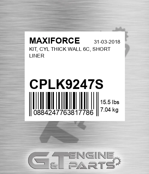 CPLK9247S Kit, Cyl Thick Wall 6c, Short Liner for MAXIFORCE