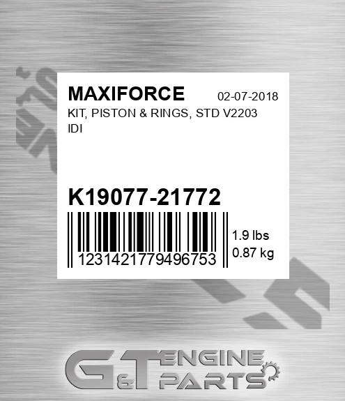 K19077-21772 Kit, Piston & Rings, Std V2203 Idi for MAXIFORCE