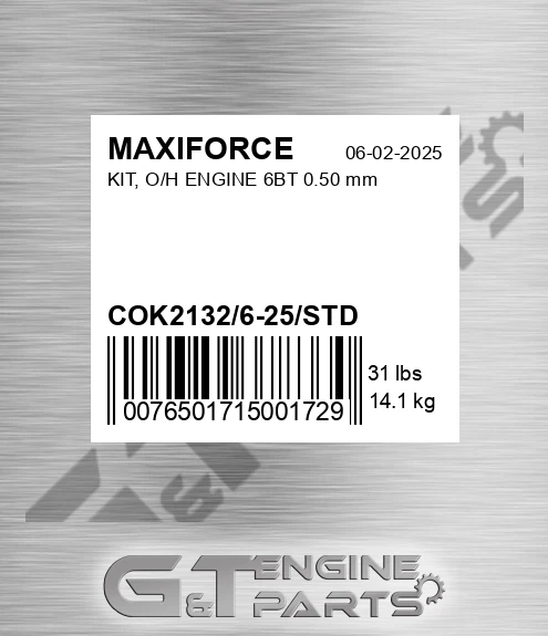 COK2132/6-25/STD Kit, O/h Engine 6bt 0.50 Mm for MAXIFORCE