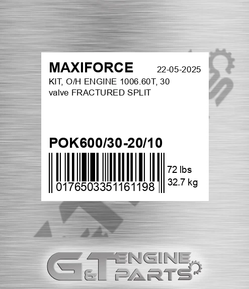 POK600/30-20/10 Kit, O/h Engine 1006.60t, 30 Valve Fractured Split for MAXIFORCE