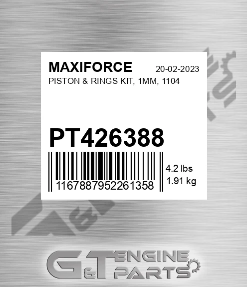 PT426388 Piston & Rings Kit, 1mm, 1104 for MAXIFORCE