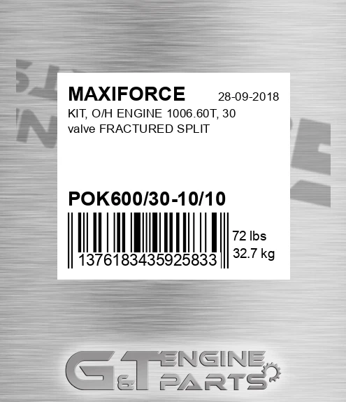 POK600/30-10/10 Kit, O/h Engine 1006.60t, 30 Valve Fractured Split for MAXIFORCE