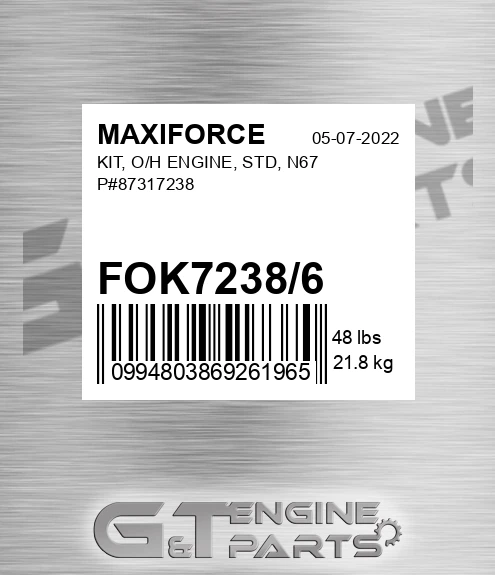 FOK7238/6 Kit, O/h Engine, Std, N67 P#87317238 for MAXIFORCE