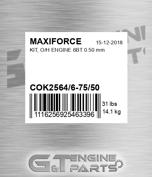 COK2564/6-75/50 Kit, O/h Engine 6bt 0.50 Mm for MAXIFORCE