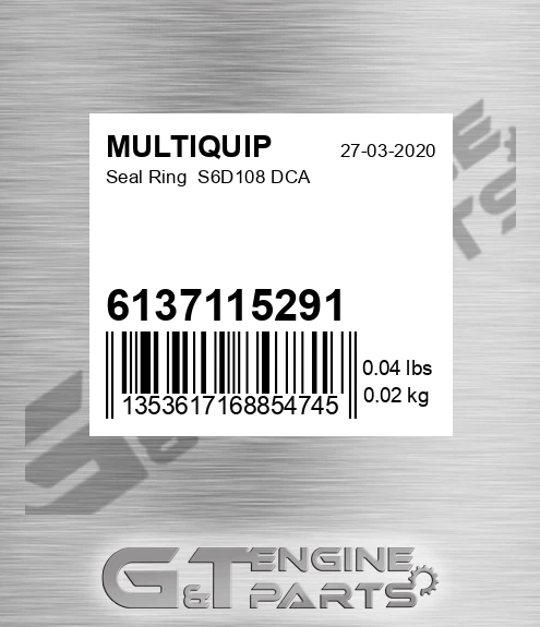 6137115291 Seal Ring S6d108 Dca for MULTIQUIP