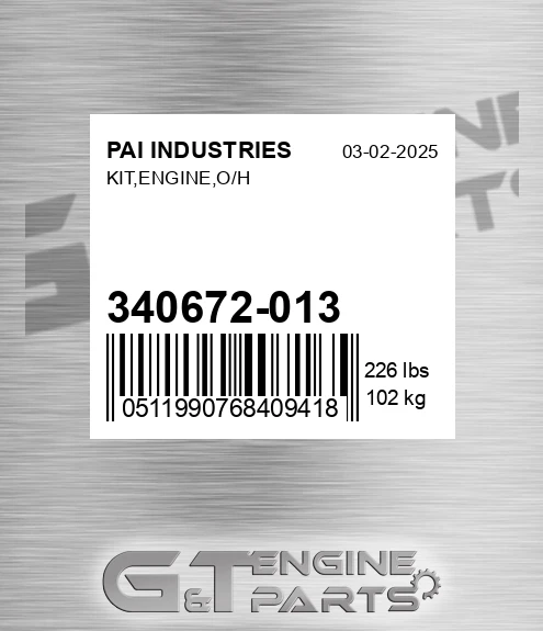 340672-013 Kit,engine,o/h for PAI INDUSTRIES
