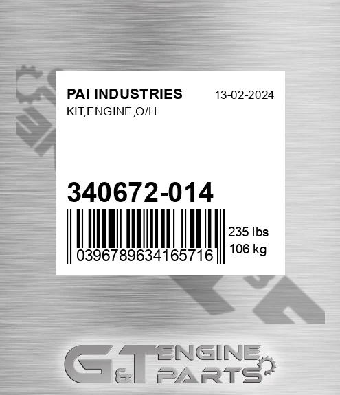 340672-014 Kit,engine,o/h for PAI INDUSTRIES