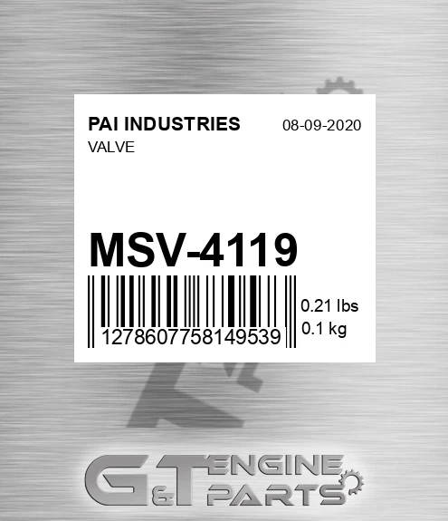 MSV-4119 Valve for PAI INDUSTRIES